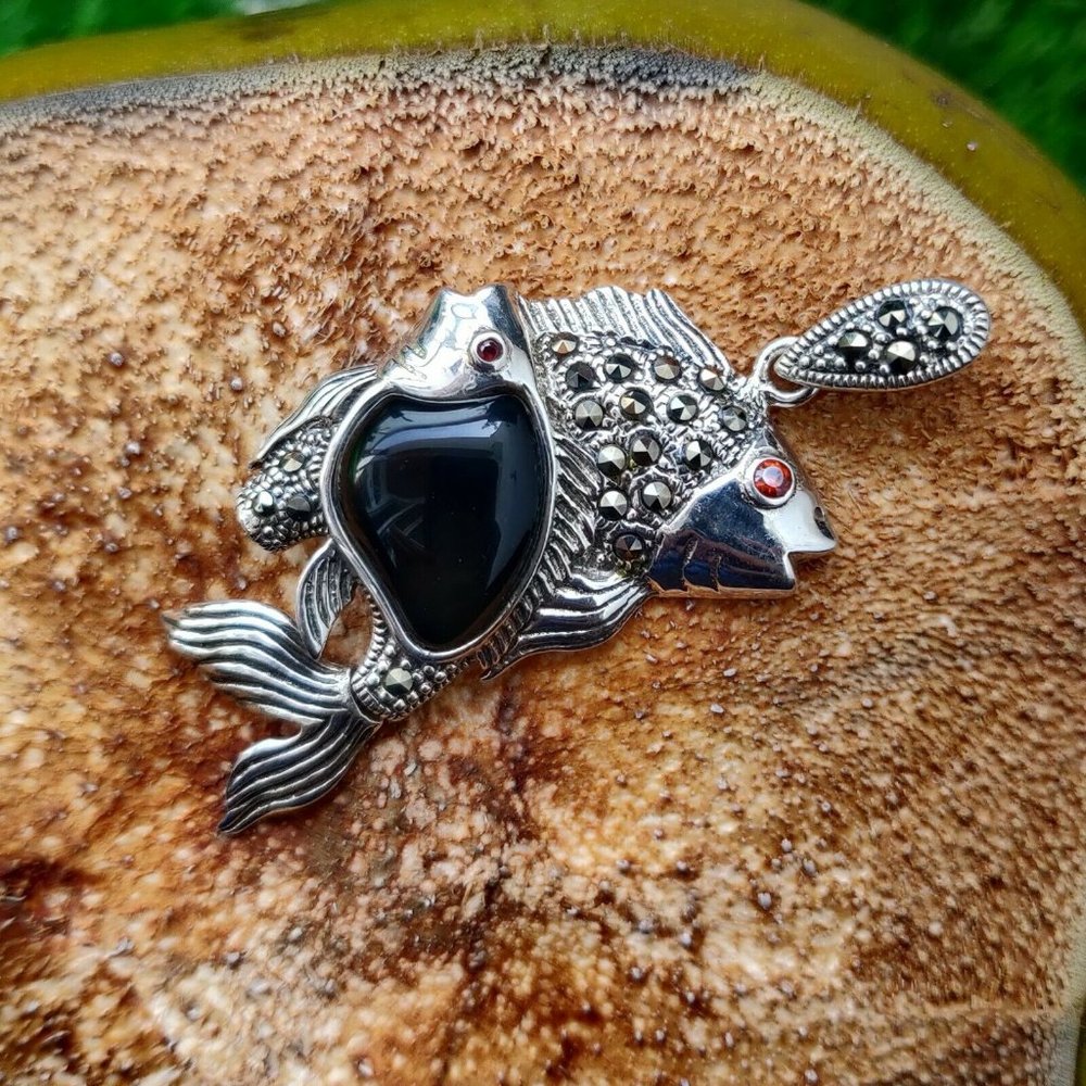 Marcasite Fish 925 Solid Sterling Silver Pendant-… - image 1